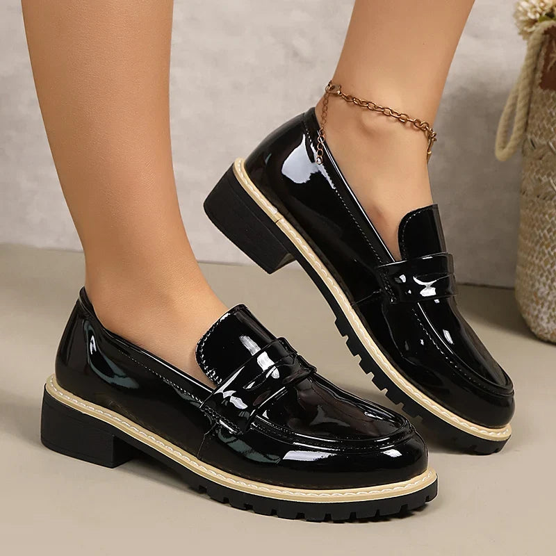 Patent Leather Thick Heels Loafers Women Spring New Mixed Color Med Heel Office Pumps Woman Plus Size 43 Slip On Single Shoes