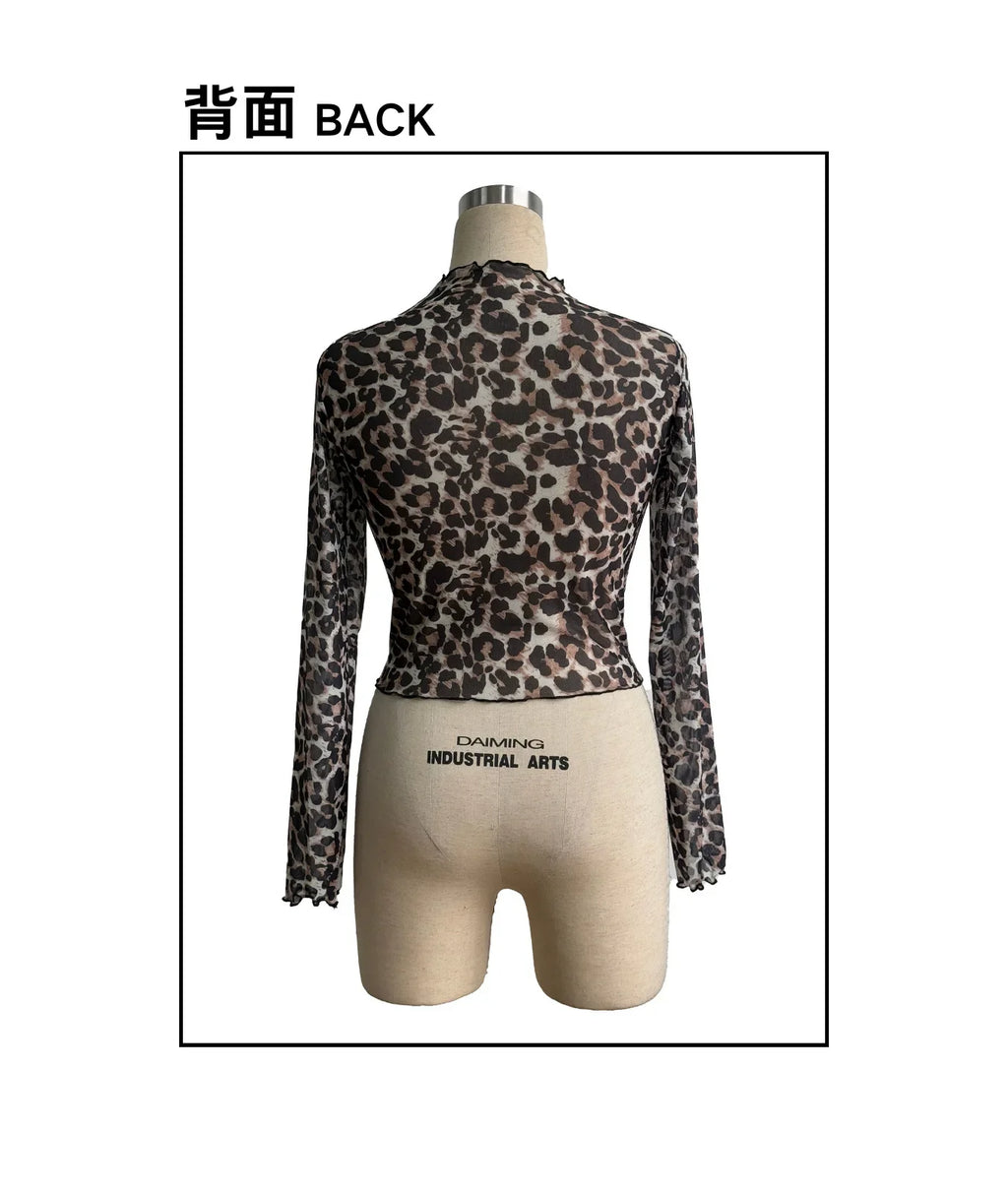 European American Women Mesh Leopard Print Tops Stand Collar Long Sleeve Short T Shirt Elegant Versatile Inner Blouse Daily Casu