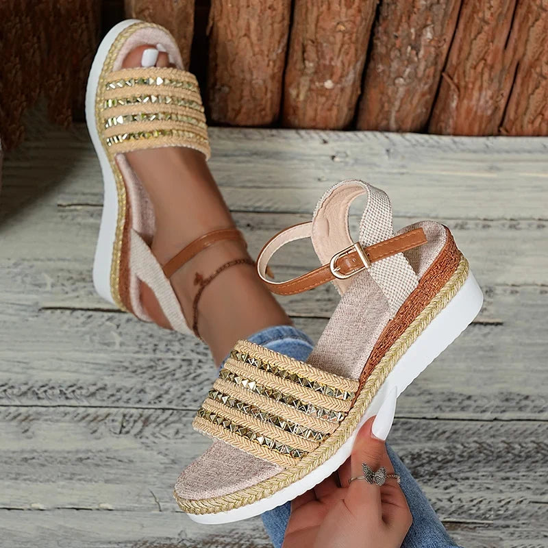 Gold Rivets Decor Wedges Sandals Women Summer Lightweight Platform Sandles Woman Plus Size 43 Ankel Buckle Rome Sandalias Mujer