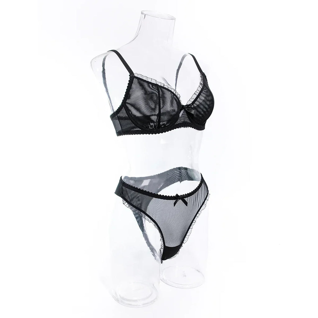 2Pcs Bra & Brief Set for Women Sexy White Ruffle Mesh Perspective Bow Patchwork Bra Bilizna Set Underwear Ultra Thin Intimate