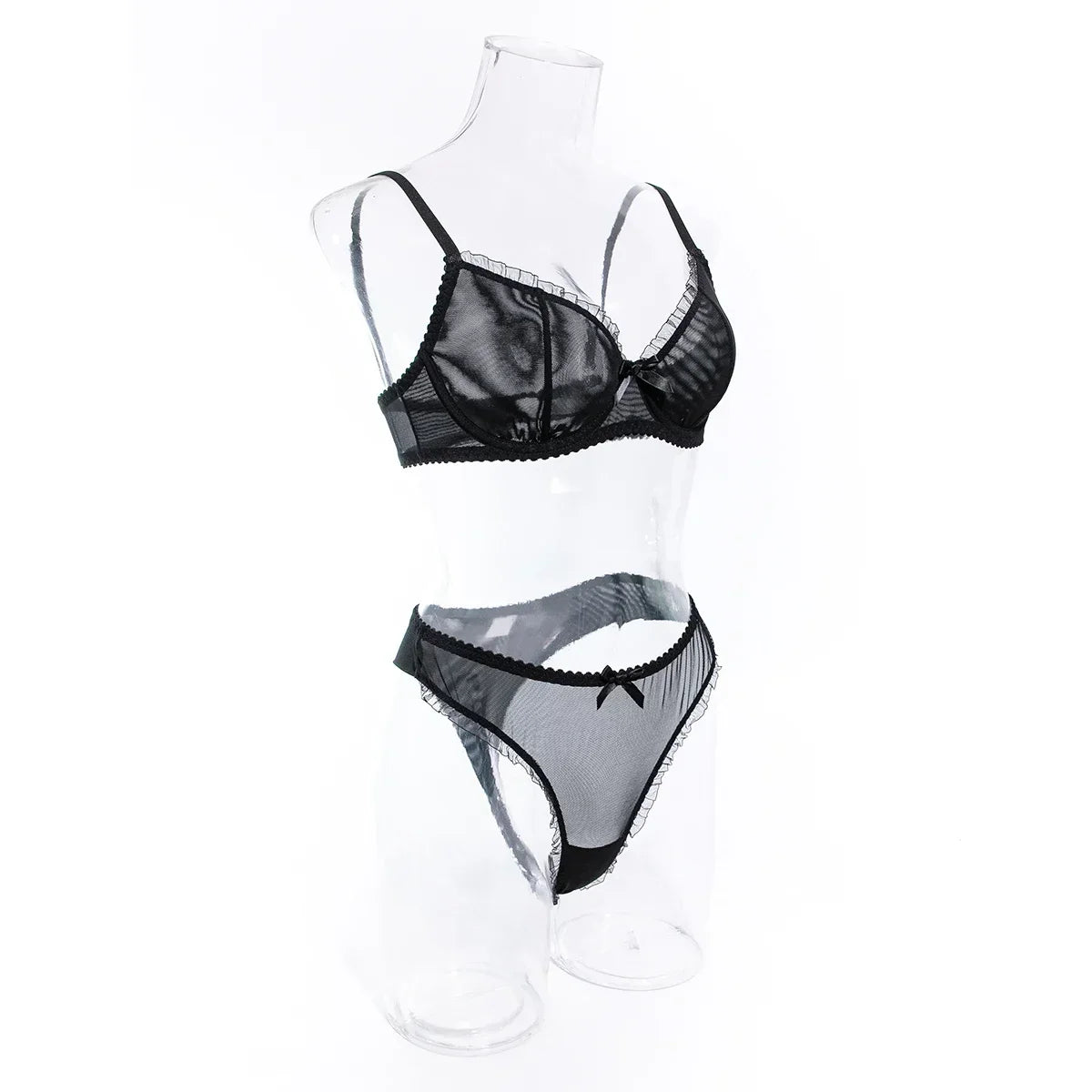 2Pcs Bra & Brief Set for Women Sexy White Ruffle Mesh Perspective Bow Patchwork Bra Bilizna Set Underwear Ultra Thin Intimate
