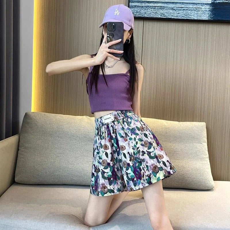 Summer Oil Painting Floral Shorts for Women Casual Wide Leg Shorts Large Siz Loose Floral Print Shorts Elastic Band Casual Pants