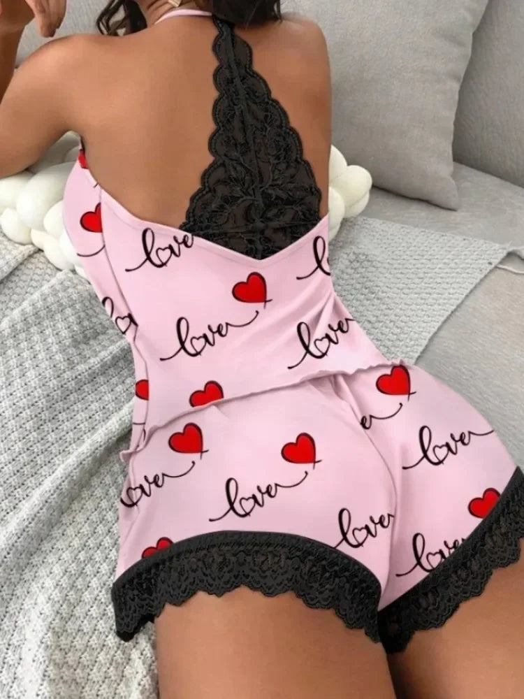 Summer Sleepwear Women's Casual 2 Pieces Pajamas Set Sleeveless V-Neck Heart Print Cami Tops and Shorts Set Loungewear