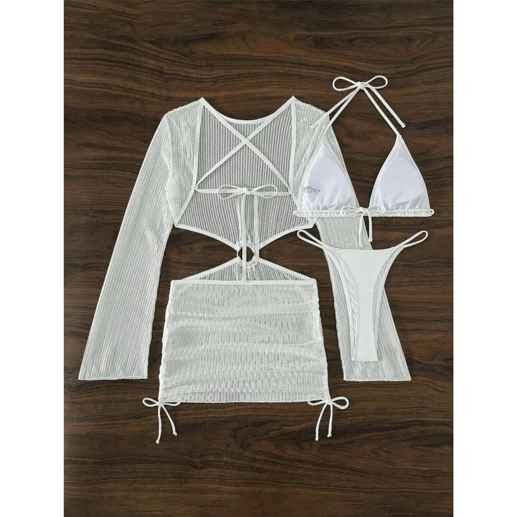 With Long Sleeve Cover Up Halter Bikini Women Swimwear Female Swimsuit Three-pieces Bikini set Bather Bathing Suit Swim V5123