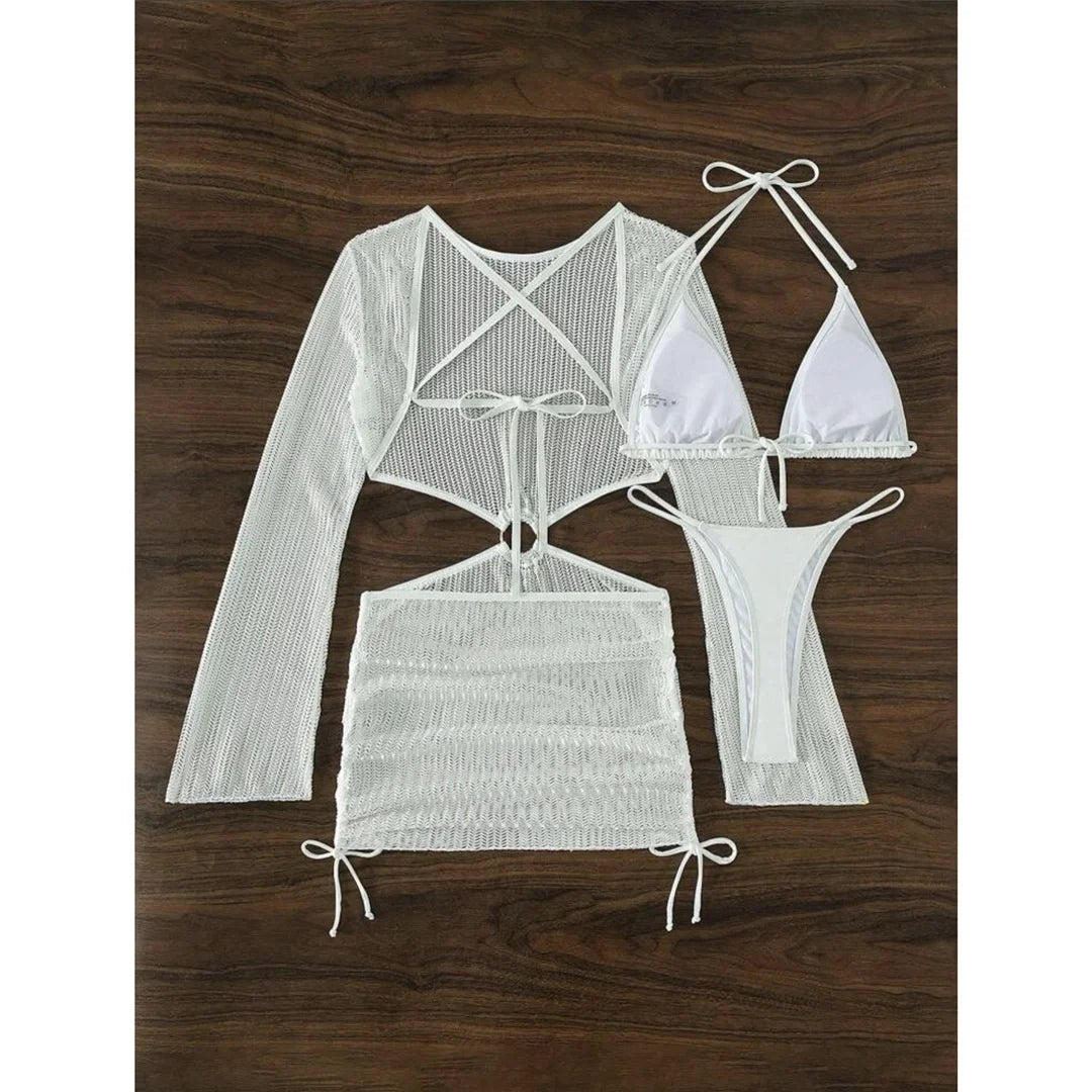 With Long Sleeve Cover Up Halter Bikini Women Swimwear Female Swimsuit Three-pieces Bikini set Bather Bathing Suit Swim V5123