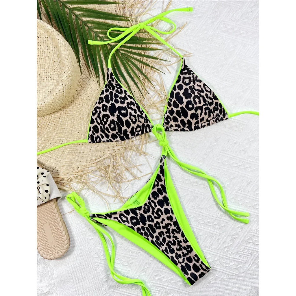 Sexy Leopard Printed Halter Brazilian Bikini Women Swimwear Female Swimsuit Two-Piece Bikini Set Bather Bathing Suit Swim V3681
