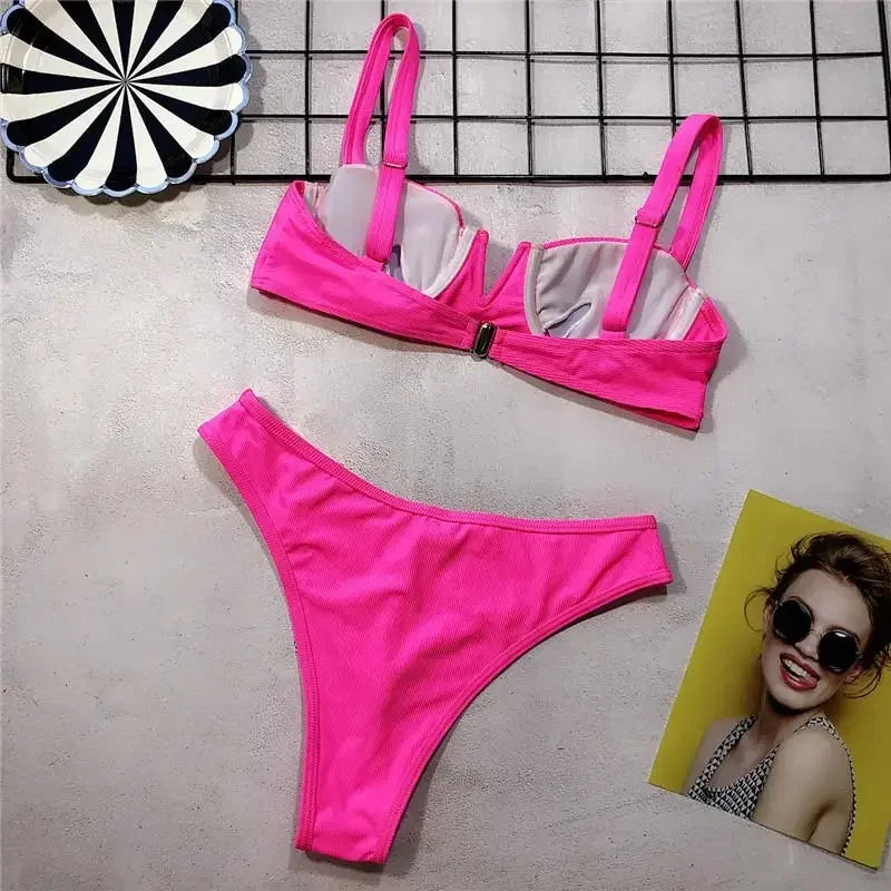 Sexy Ribbed Underwired V-bar Bikini Women Swimsuit Female Swimwear Two-pieces Bikini Set High Cut Bathing Suit Swim Beach Wear