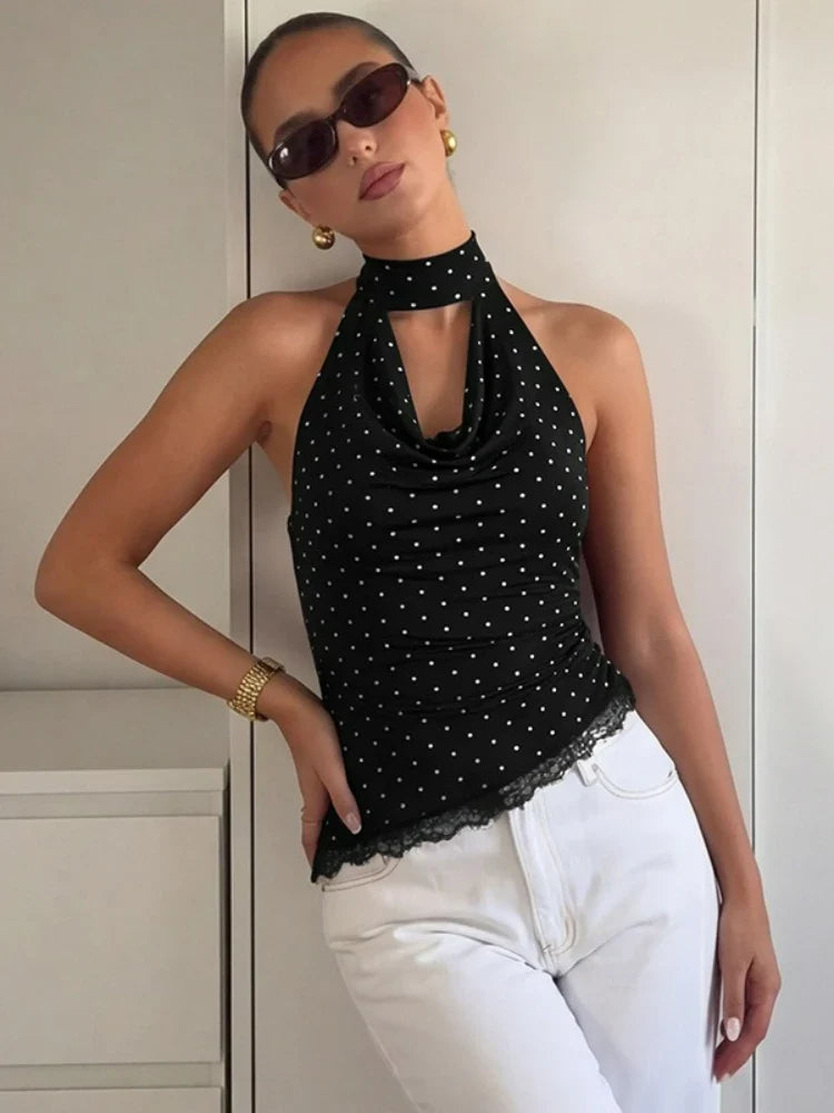 FDYOUI Women's Chic Polka Dot Tanks Top 2026 Summer Off Shoulder Lace Patchwork Corset Bandage Backless Crop Tops Streetwear