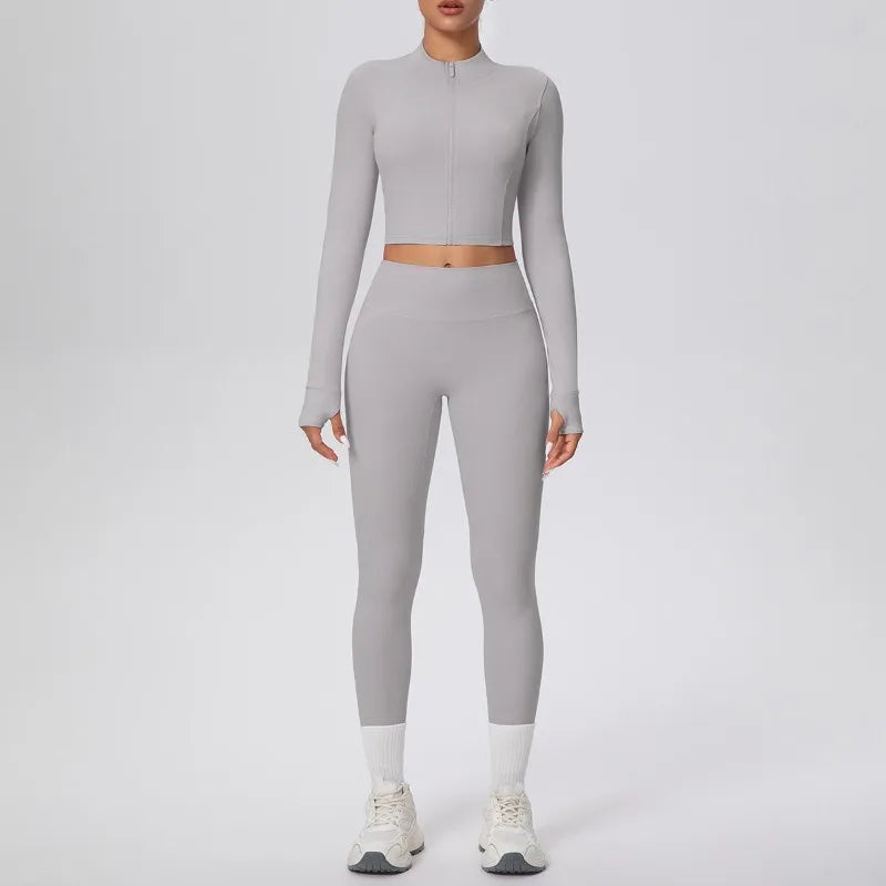 New Women Yoga Set Solid Color Double-Sided Brushed Bare Feel Short Long-Sleeve Jacket Tight Pants Running Fitness 2-Piece Set