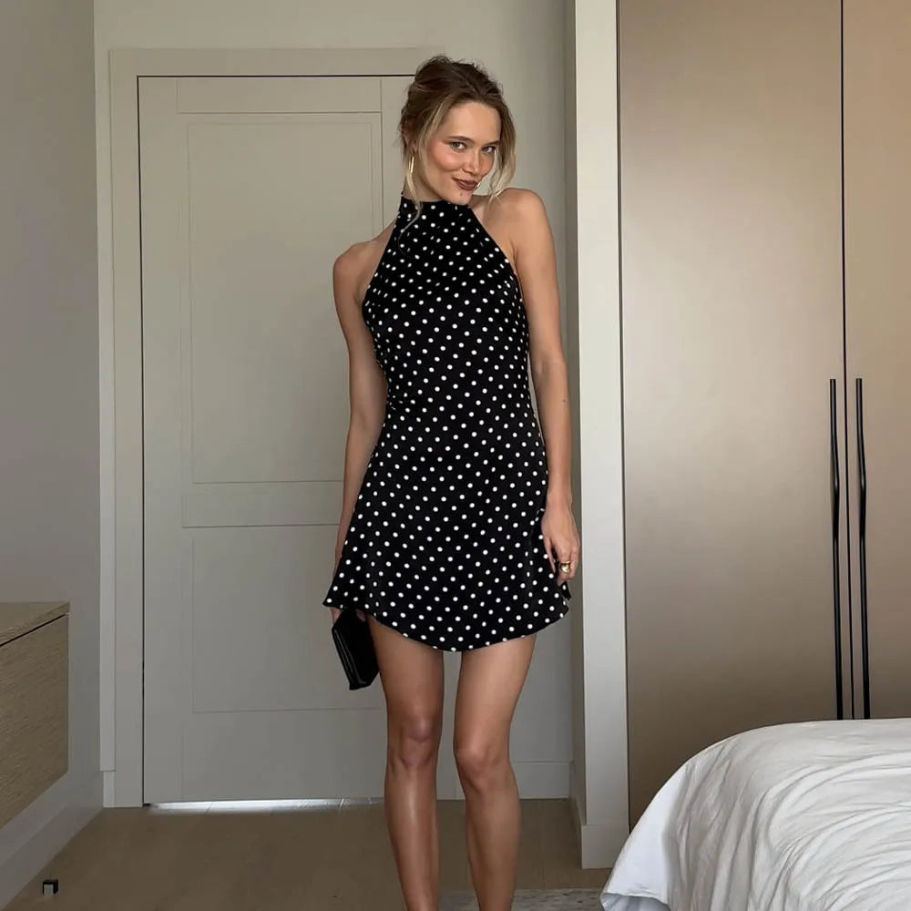 FDYOUI Woman Clothes Halter Sleeveless Polka Dot Satin Short Dress 2026 Summer Sexy Bandage Backless Mini Evening Party Dresses