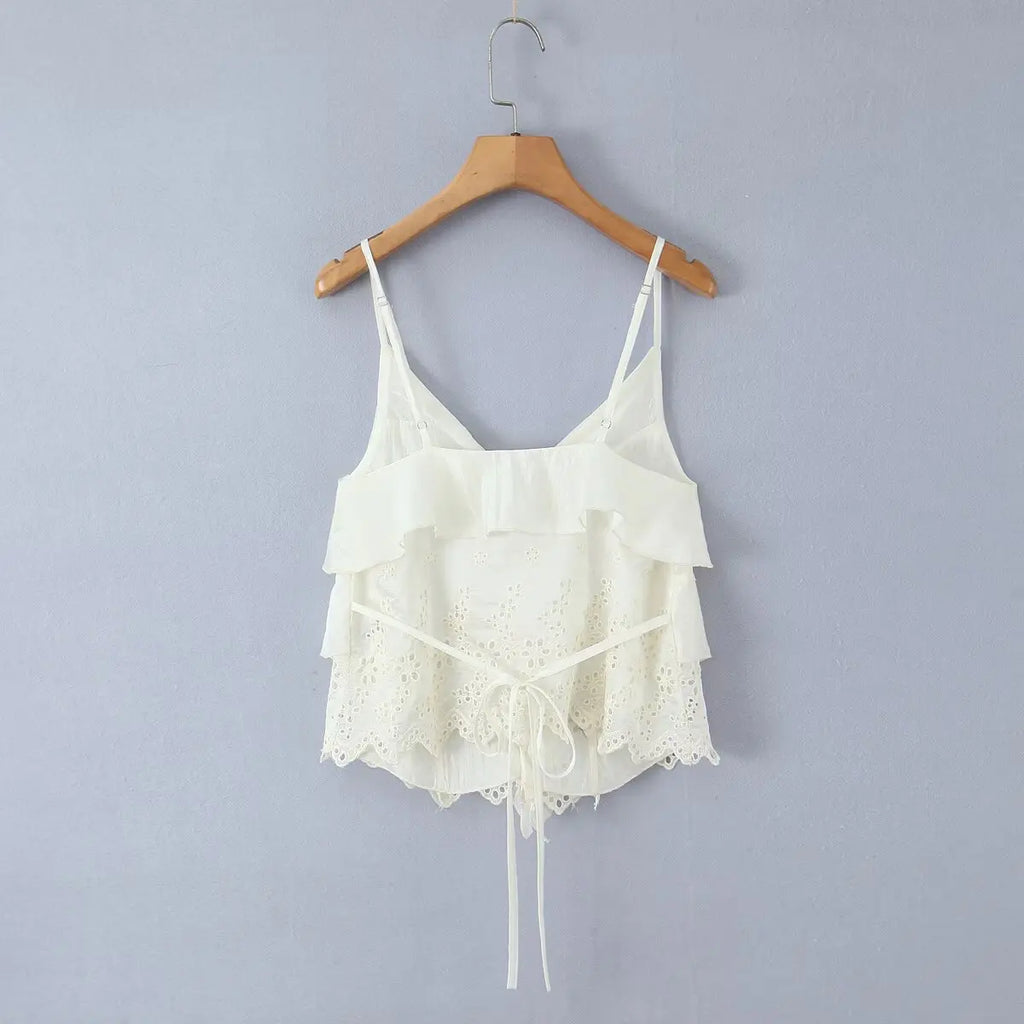 Women's Ruffled Lace Trim Loose Pants For Woman White Ruffled Embroidery Camisole Straps Button Front For Sweet Summer Look WM6E