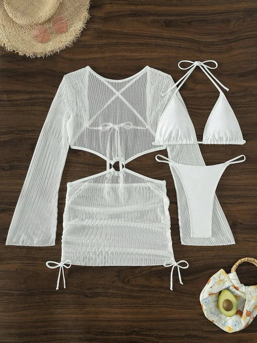 Mesh Sheer Long Sleeve Cover-Up Micro Bikini Female Swimsuit Women Swimwear Three-pieces Bikini Set Bathing Suit Swim Beach Wear