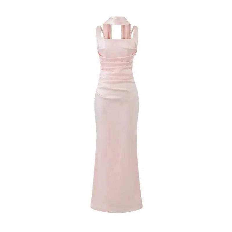 Pure Desire Style Collarbone-revealing Strapless Long Dress Feminine And Slim-fitting With Pleated Waist Tie Straps Bodycon LWIO