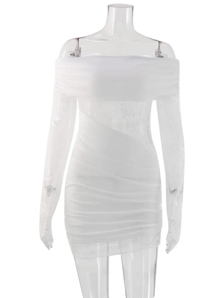 Ahagaga Eelgant Dresses For Women Slash Neck Lace Patchwork Sheath Fashion Slim Fit Trend Party Female Long Sleeves Summer Robes