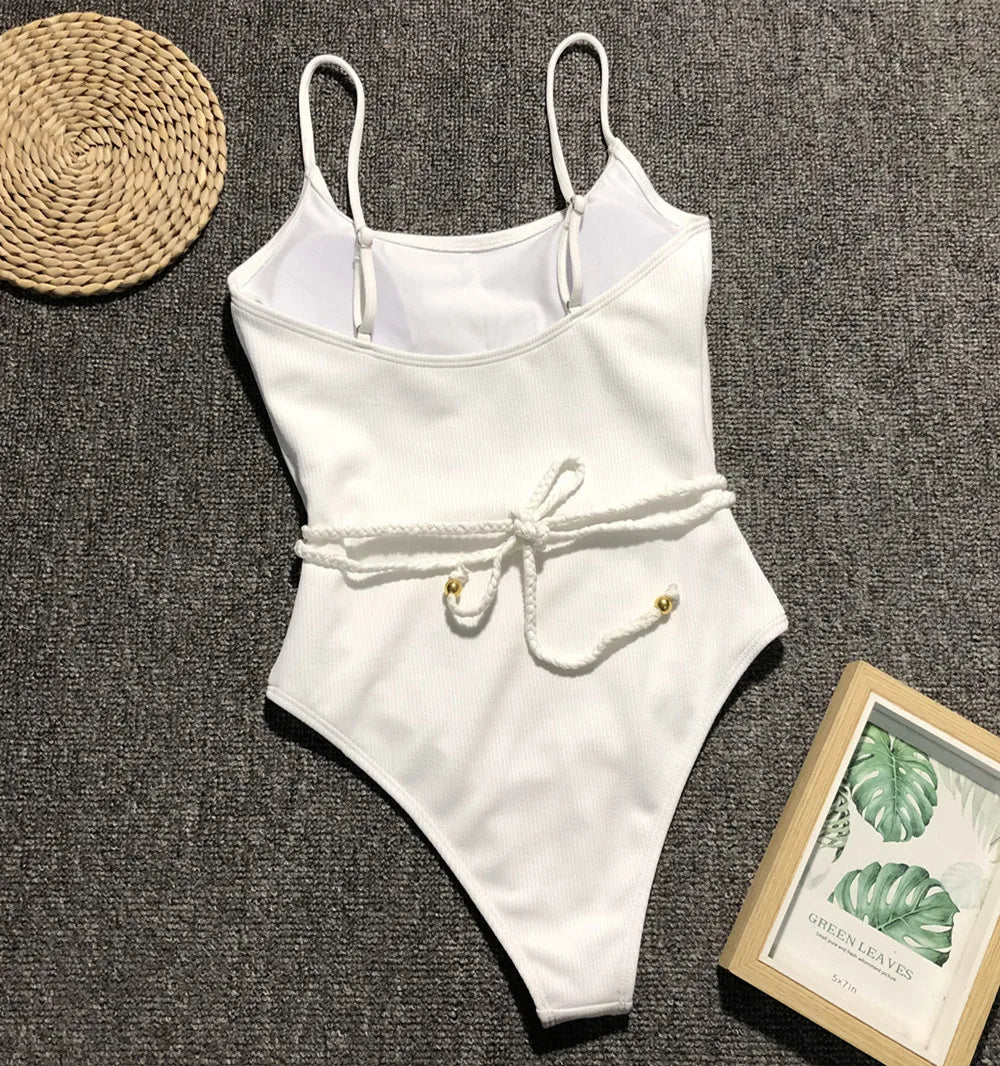 4 Colors Sexy One Piece Swimsuit Swimwear Women Solid Special Fabric Bathing Suit Beachwear with Waistband Maillot De Bain Femme
