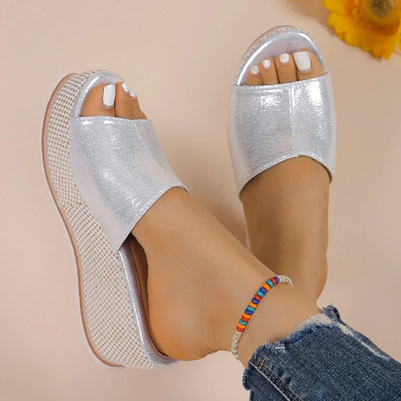 2025 Summer Chunky Platform Slippers for Women Pu Leather Wedges High Heel Sandals Woman Plus Size 36-43 Beach Sandles Female