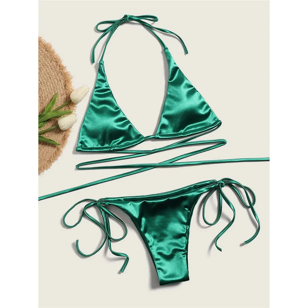 Sexy 13 Colors Halter Satin Brazilian Bikini Women Swimwear Female Swimsuit Two-pieces Bikini set Bather Bathing Suit Swim V4966