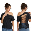 Women's Ripped Backless T-shirt Off Shoulder Short Sleeve Loose Fit Tee Tops Solid Color Shirts for Party Club Gothic Summer