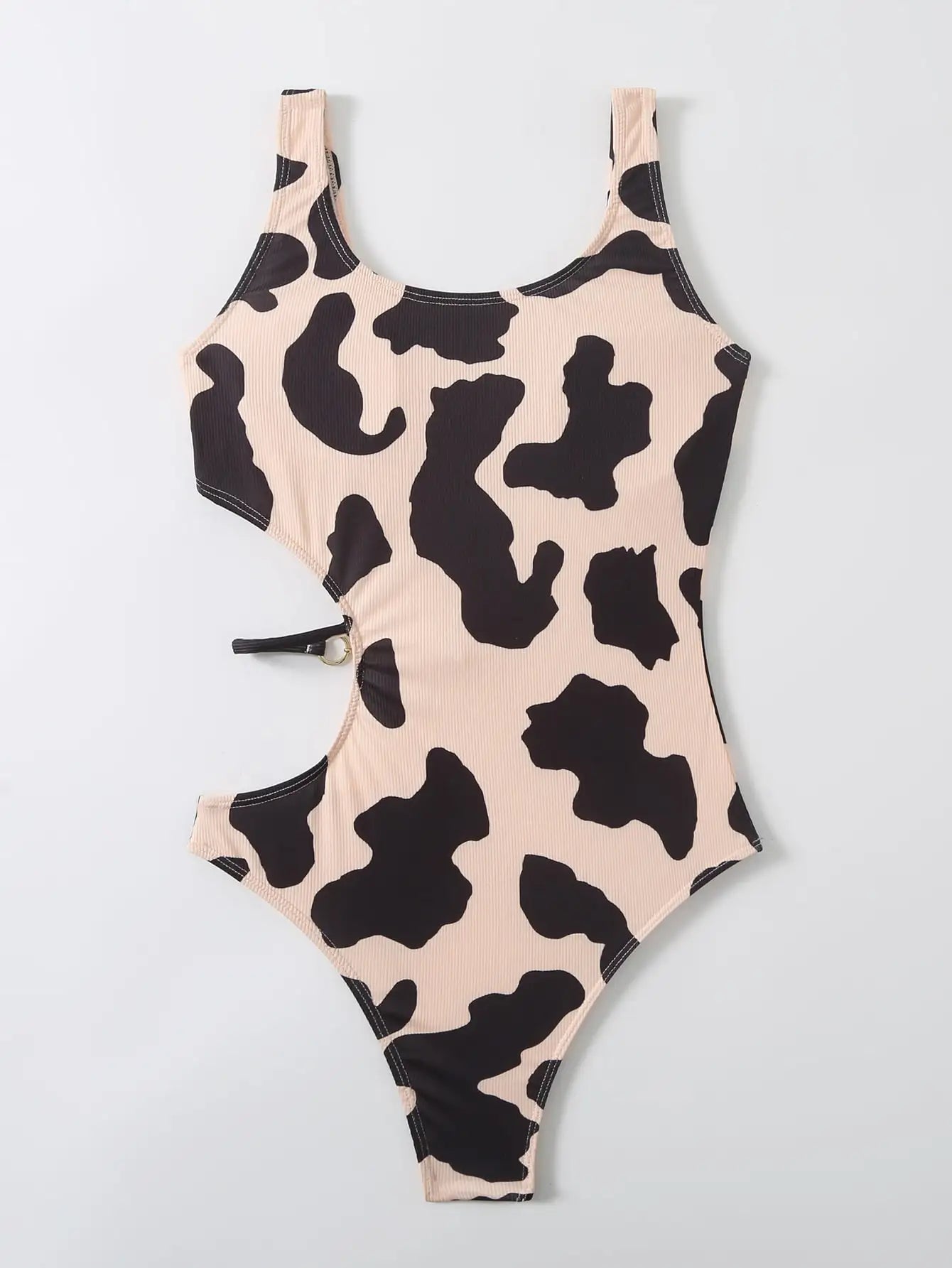 2026 Cow Print Rib Cut-out One Piece Swimsuit Ring Link Swimwear Women Bathing Suit Female Swimming Summer Beachwear Bodysuit