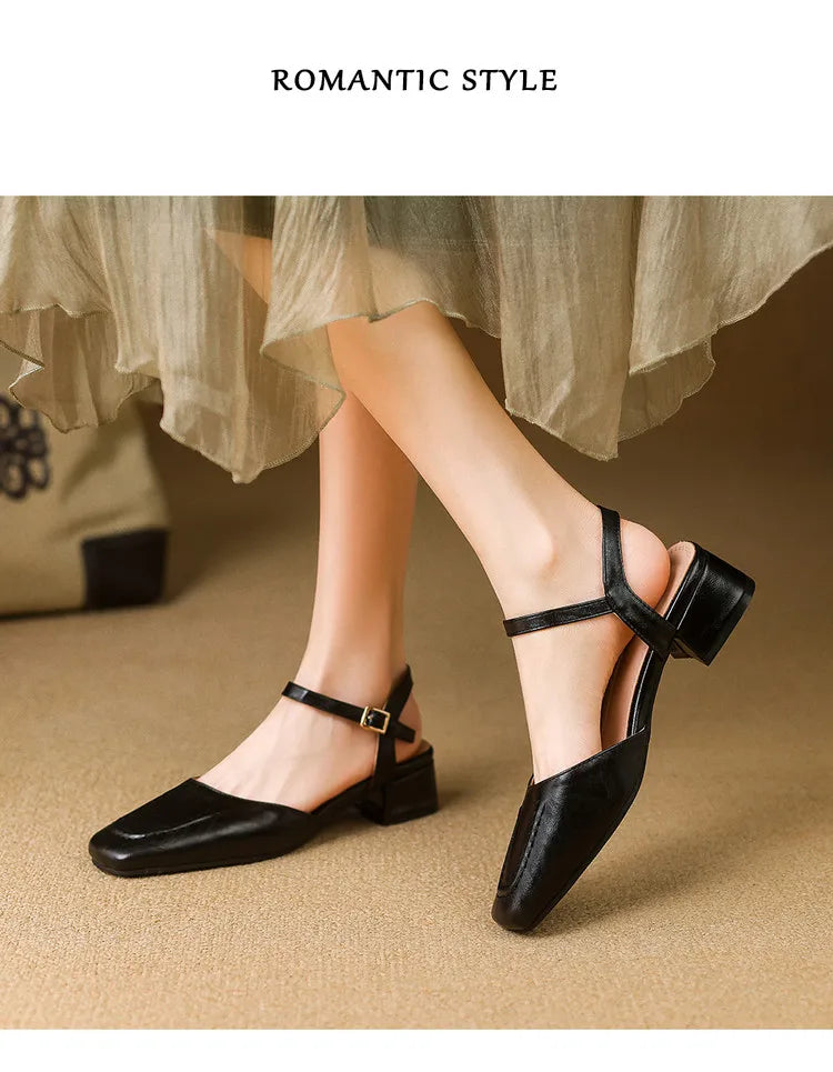 Plus Size 34-41 Women's Sheepskin Narrow Band T-strap Square Toe Summer Sandals 3.5cm Thick Low Heel Elegant Ladies Dress Shoes