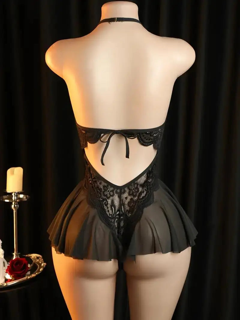 Women's Lingerie Sexy Lace Flower Print Semi Transparent Deep V-neck Hanging Neck Unobstructed Adult Style One-piece Dress