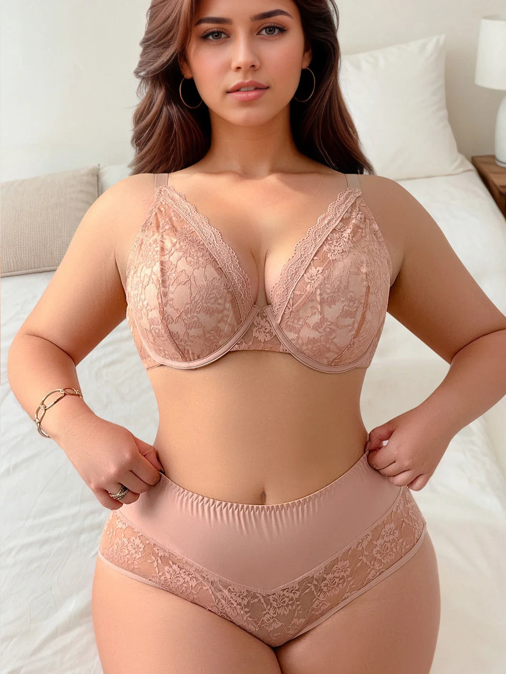 Plus size 2-piece sexy women's underwear set semi transparent lace retro fashion large underwear pink Lingerie MR3419