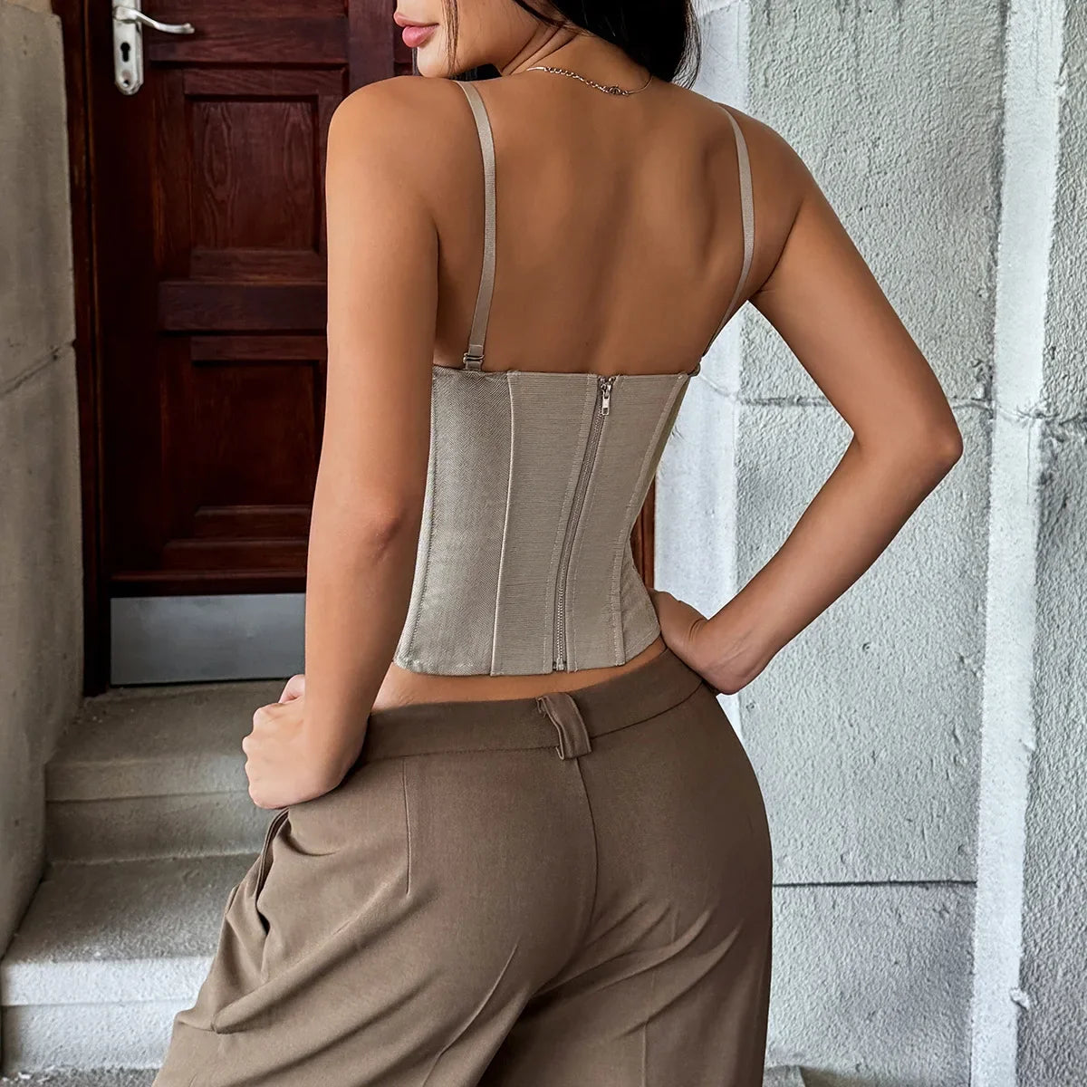 Fashion Retro Gray Splicing Tank Top Women Sexy Patchwork Slim Fit Fishbone Corset Elegant Bustier Hot Girl Party Club Tops Vest