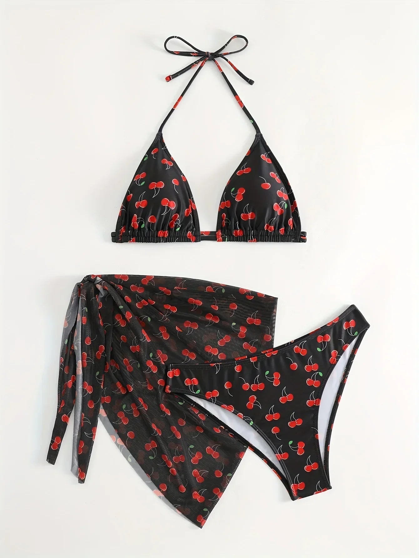 With Mesh Sarong Skirt Cherry Printed Bikini Female Swimsuit Women Swimwear Three Pieces Bikini Set Bathing Suit Swim Beachwear
