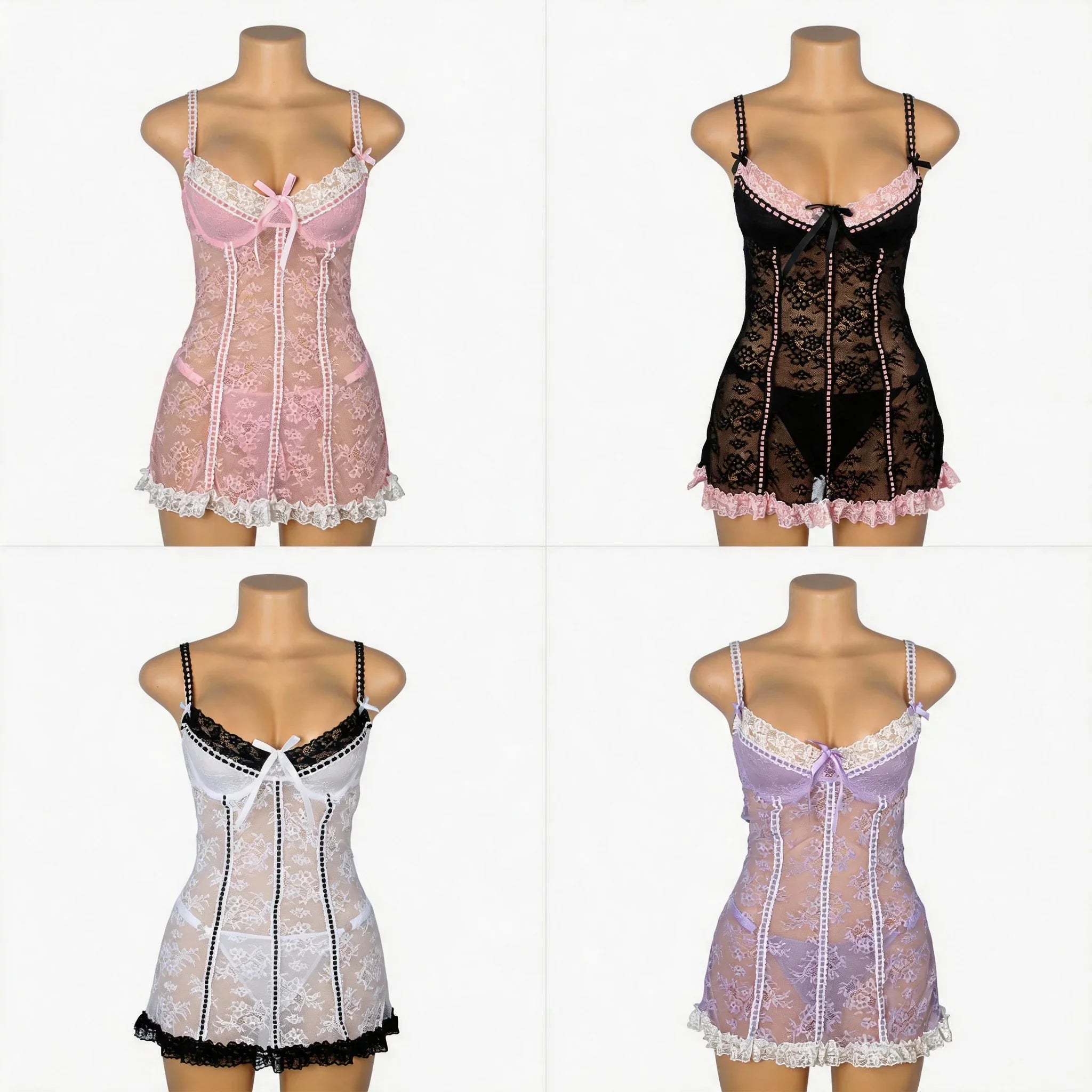 Pink Sexy Lace Ruffled Suspender Nightdress for Women Babydoll Lingerie Push Up Chemise Sleepwear