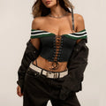 Sexy Green Black Knitted Patchwork Corset Tops Women's Sleeveless Vest 2026 Bandage Cross Off Shoulder Fishbone Y2K Tanks Top