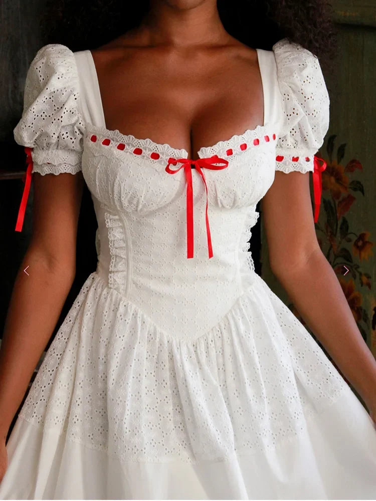 Foridol Bowknot White Summer Women's Dresses 2025 Square Collar Cotton Hollow Out Short Dress New in Vintage Beach Dress