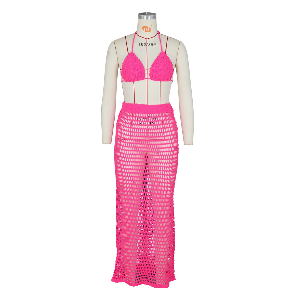 DEKA Beach Cover Up High Split Crochet Knitted Tunic Beach Dress Beach Wear Beachwear Women Long Knit Hollow Tassels Skirt Suit