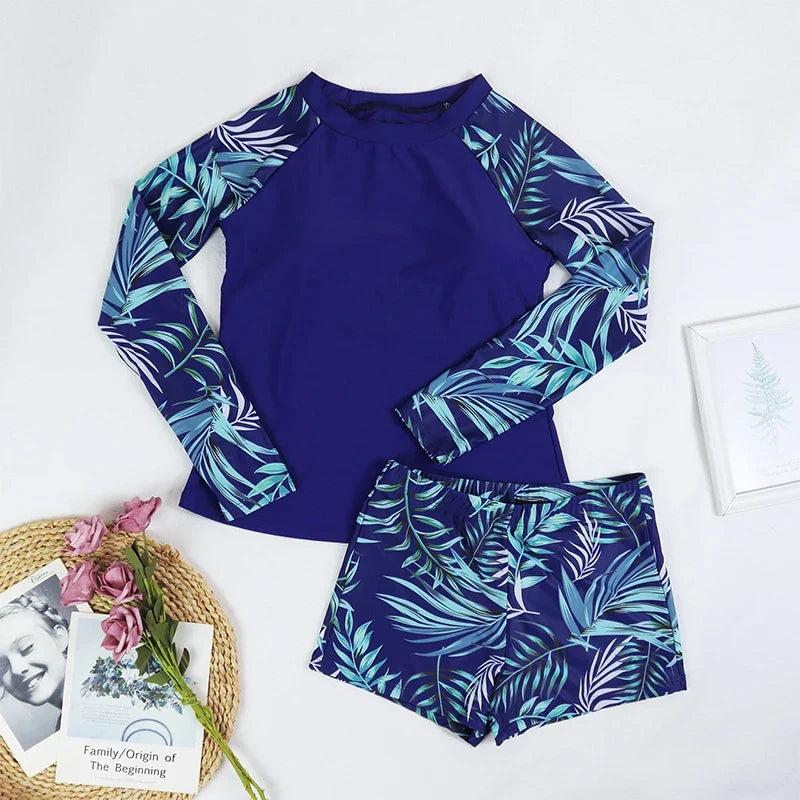 Women Two Pieces Vintage Print Rash Guard Swimwear Long Sleeve Shirt Shorts Surf Top Retro Print Running Shirt Split Swimsuit