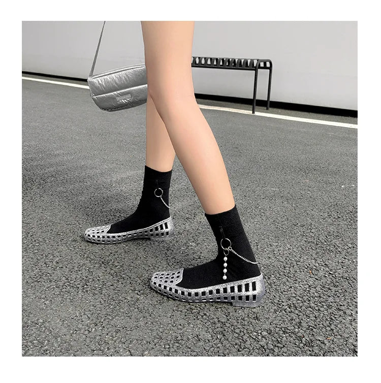 New 2025 Women Fashion Jelly Shoes Summer Cut-out Flat Sandals, Soft PVC Casual Square Toe Girls Daily Walking Sandalias
