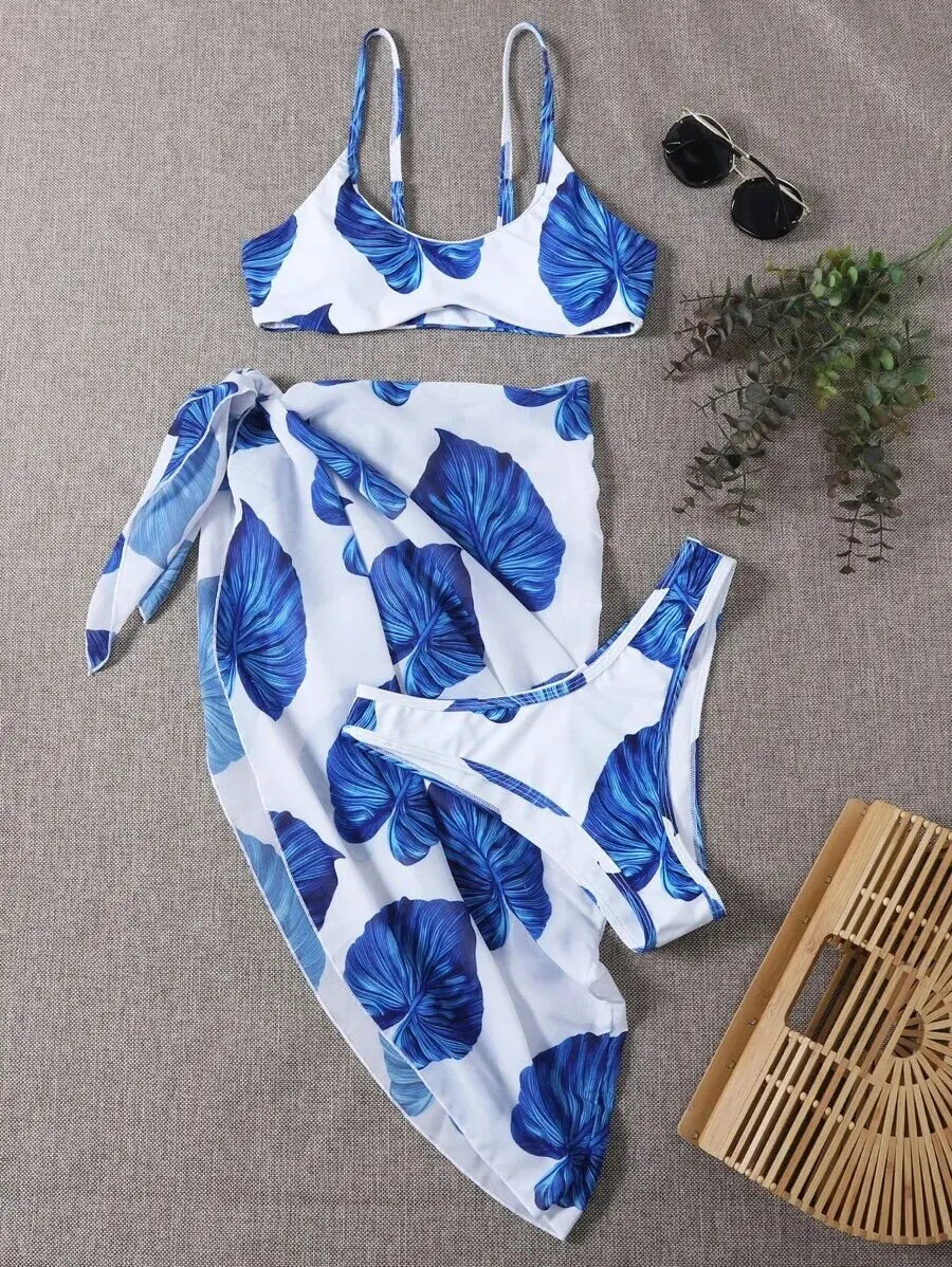 3 Pieces Leaf Print Bikinis 2026 Women & Cover Up Skirt Swimwear Female Sexy Swimsuit Beachwear Bathers Bathing Swimming Suit