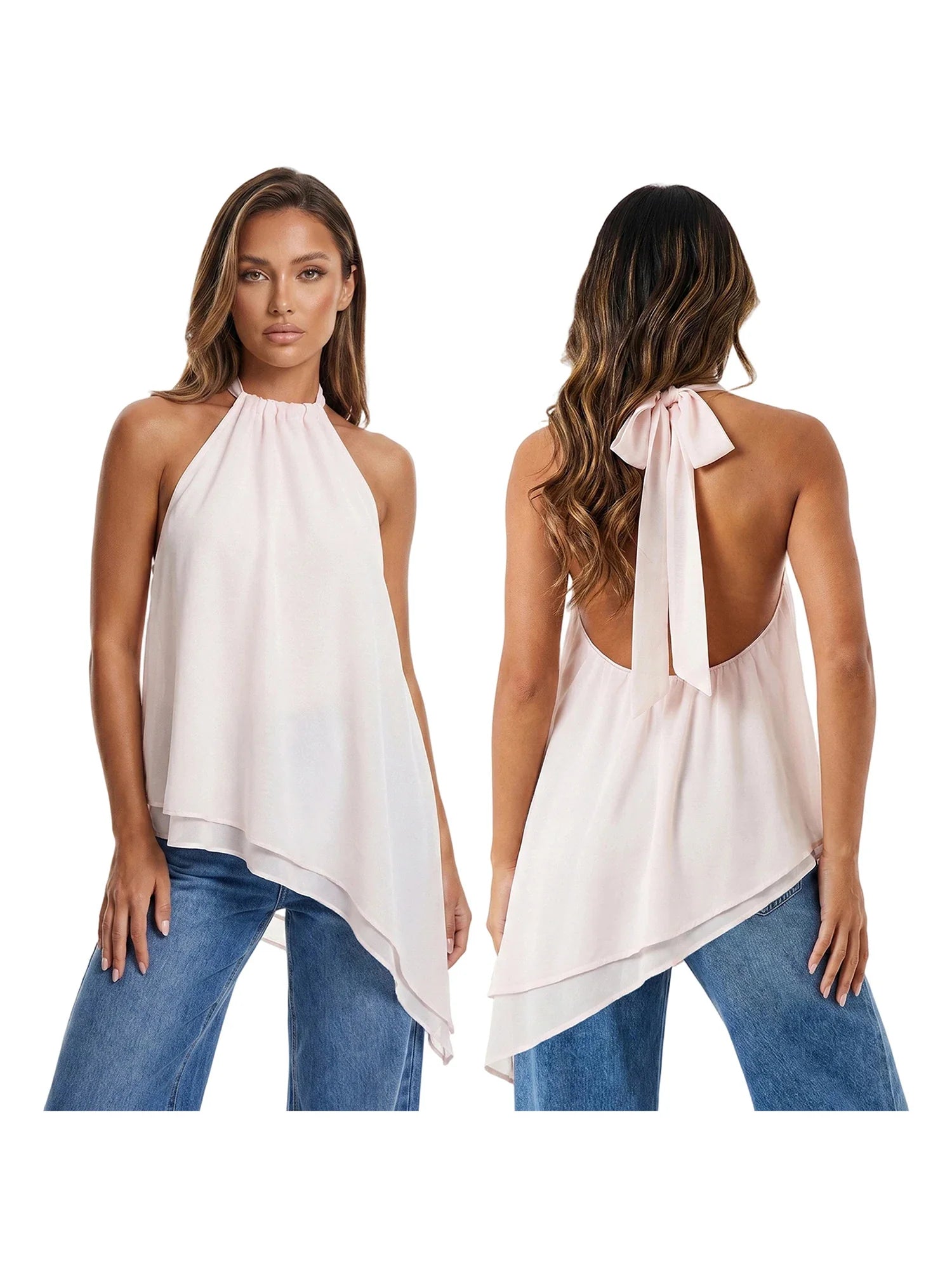 Women's Summer Solid Color/Dot Print Halter Tops Stylish Layered Asymmetrical Handkerchief HemSleeveless Vest