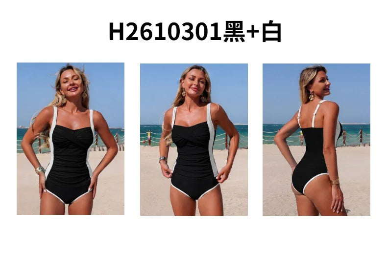 Vintage Black White Patchwork Bikini Set 2026 Women Pleate Slim Cross Tank Top High Waist Swimsuit Beach Bathing Suit Swimwear