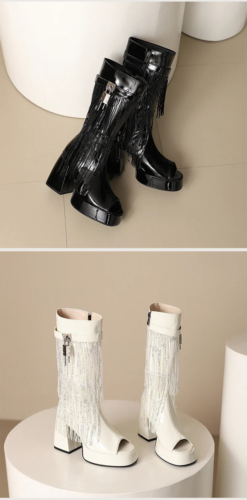 Plus Size Women White Patent Leather Fringe Tassel Mid Calf Boots Peep Toe Platform Block Heel Open Toe Party Club Heels