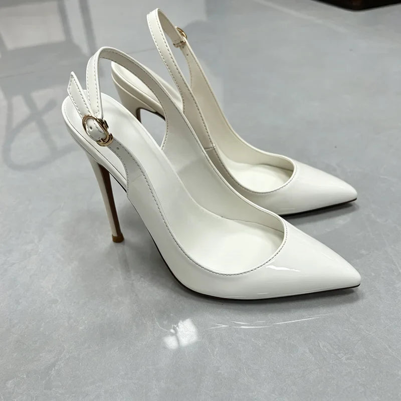 Women White Patent Leather Slingback Pumps Pointed Toe Thin Stiletto High Heels Buckle Strap Dress Shoes for Wedding Party Offic