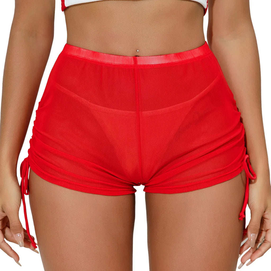 New Mesh Transparent High Waist Elastic Casual Shorts Sports Shorts For Women Wrinkle Drawstring Binding Charming Elegant FSKK