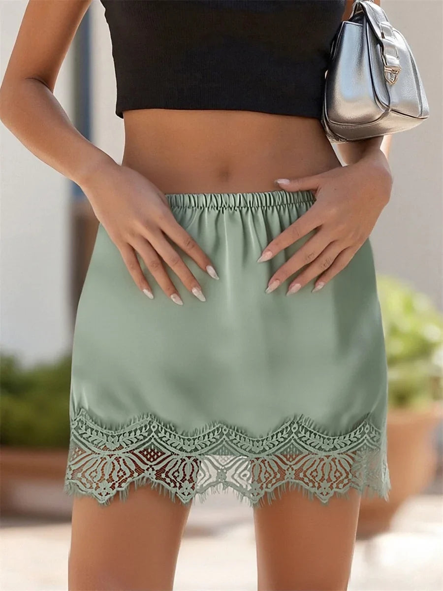 2026 Summer Women's Satin Mini Skirt Elastic Waist Lace Trim Skirts Casual Retro Streetwear