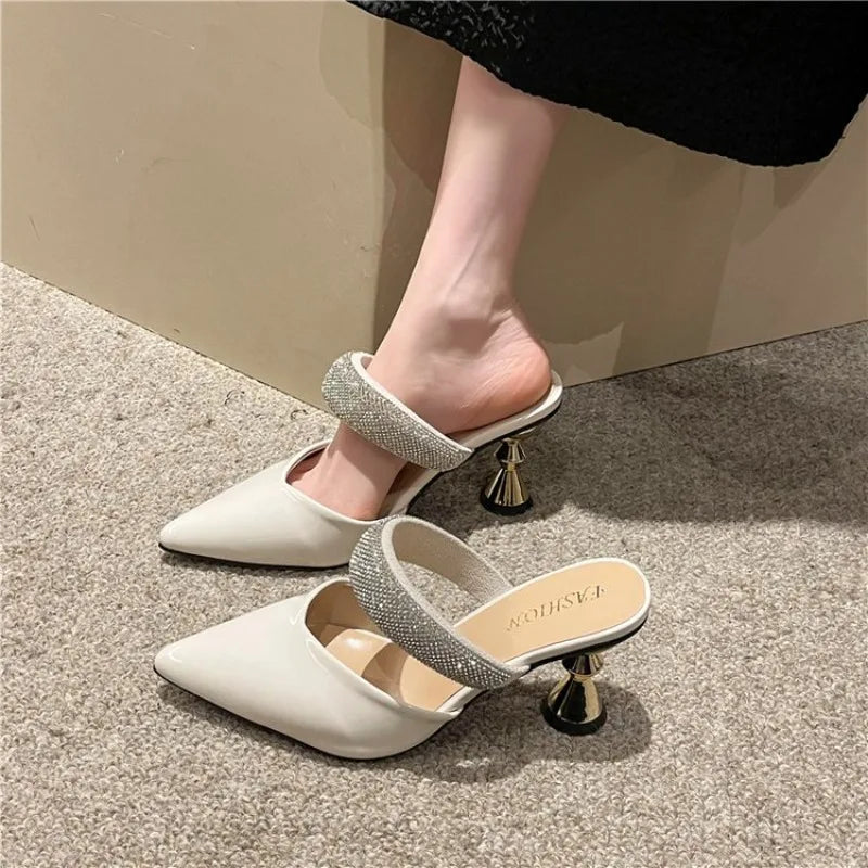American pointed rhinestone high-heeled slippers women slim heels with toe caps, empty fashion sandals,