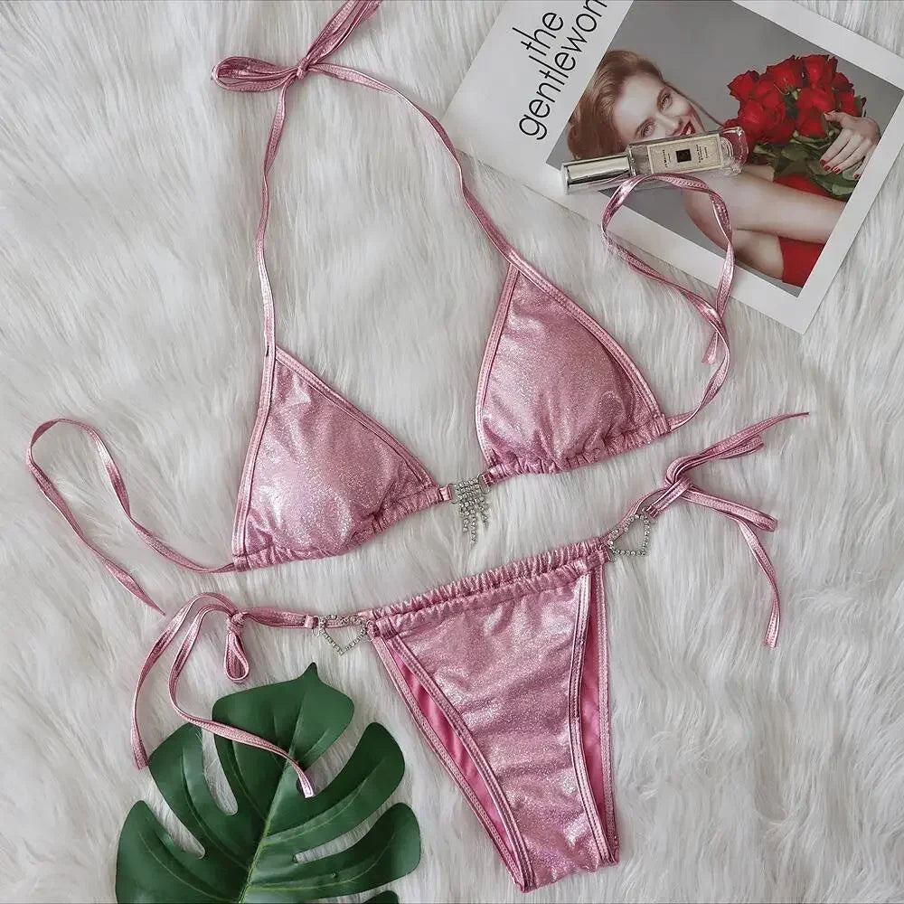 Bikini 2026 Sexy Heart-shaped Rhinestone Tassel Shining Fabric Solid Swimwear Swimsuit Women Bikini Set Bathing Suit Bikini Luxe