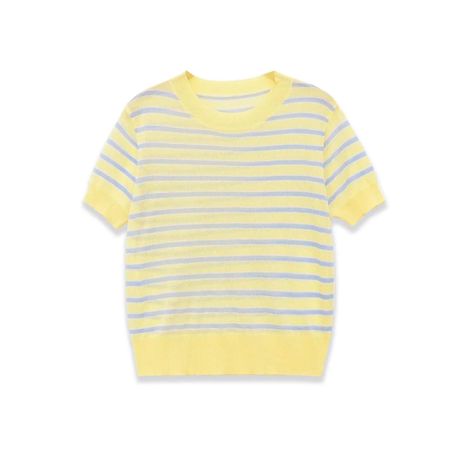 Fashionable Casual Striped Short-sleeve Knit Shirt Women Yellow Blue Striped Short Sleeve Knit Top Crew Neck Summer T Shirt SEUY