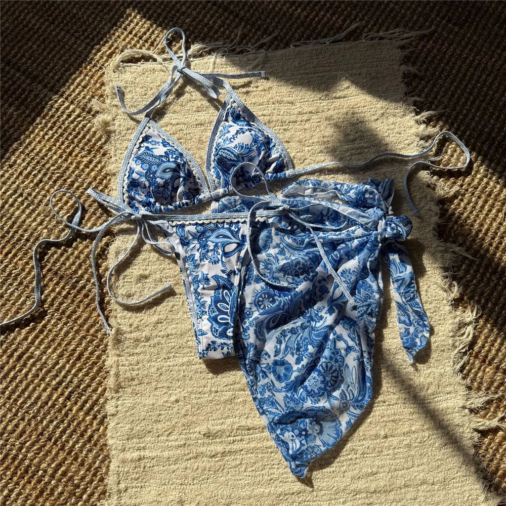 With Sarong Printed Halter Bikini Women Swimwear Female Swimsuit Three-pieces Bikini set Padded Bather Bathing Suit Swim V6966