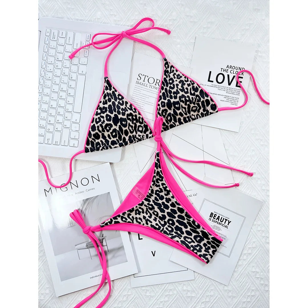 Sexy Leopard Printed Halter Brazilian Bikini Women Swimwear Female Swimsuit Two-Piece Bikini Set Bather Bathing Suit Swim V3681