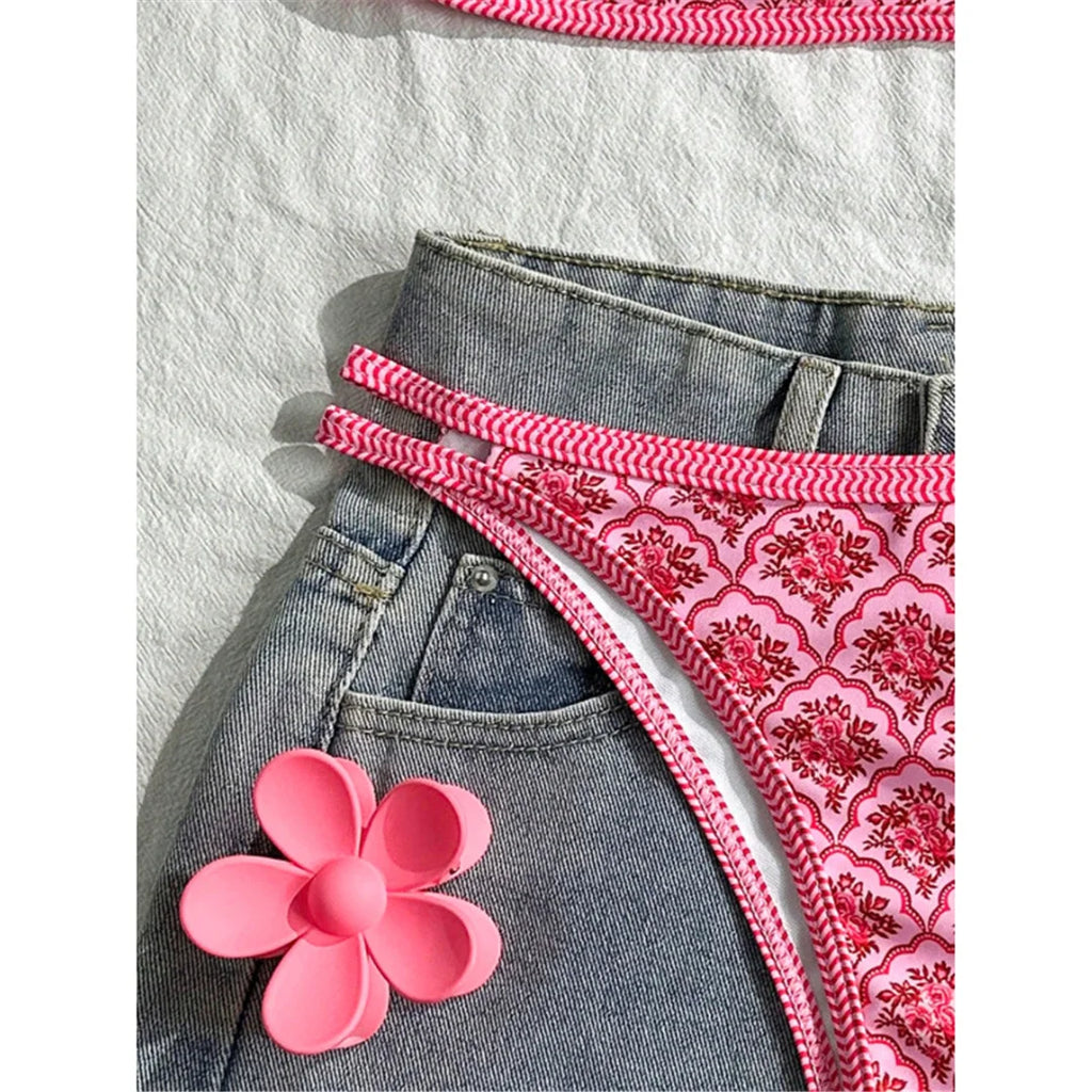 S - XL Flowers Printed High Leg Cut Bikini Female Swimsuit Women Swimwear Two-pieces Bikini set Bather Bathing Suit Swim V6965