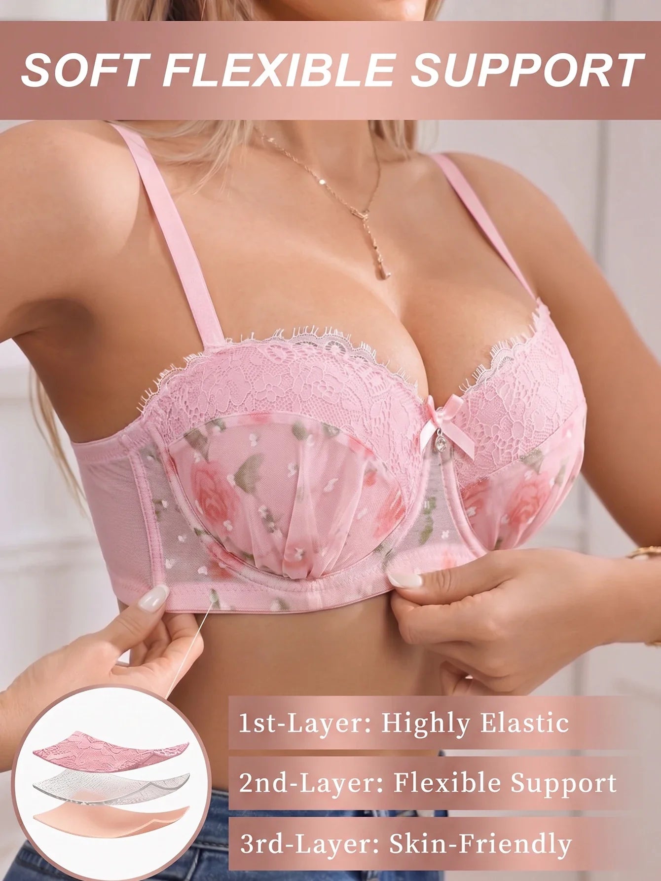 Floral Lace Women Bra Underwire Slimming Push Up Bra Stylish Comfort Side Support & Anti Sagging Sexy Lingerie