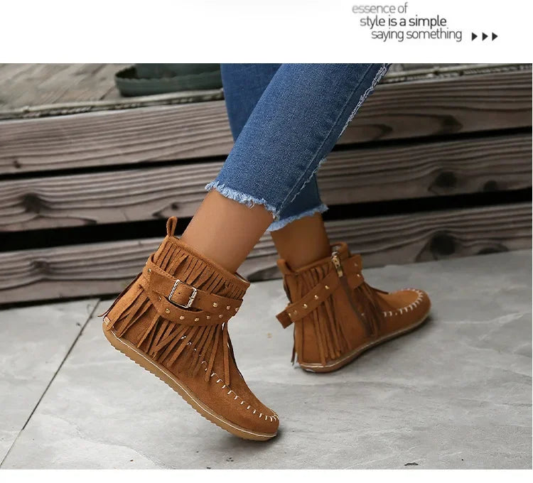 Vintage Women Boots Suede Ankle Boots Fringe Women Shoes Winter Boots Women Side Zipper Casual Shoes Ladies Snow Boot