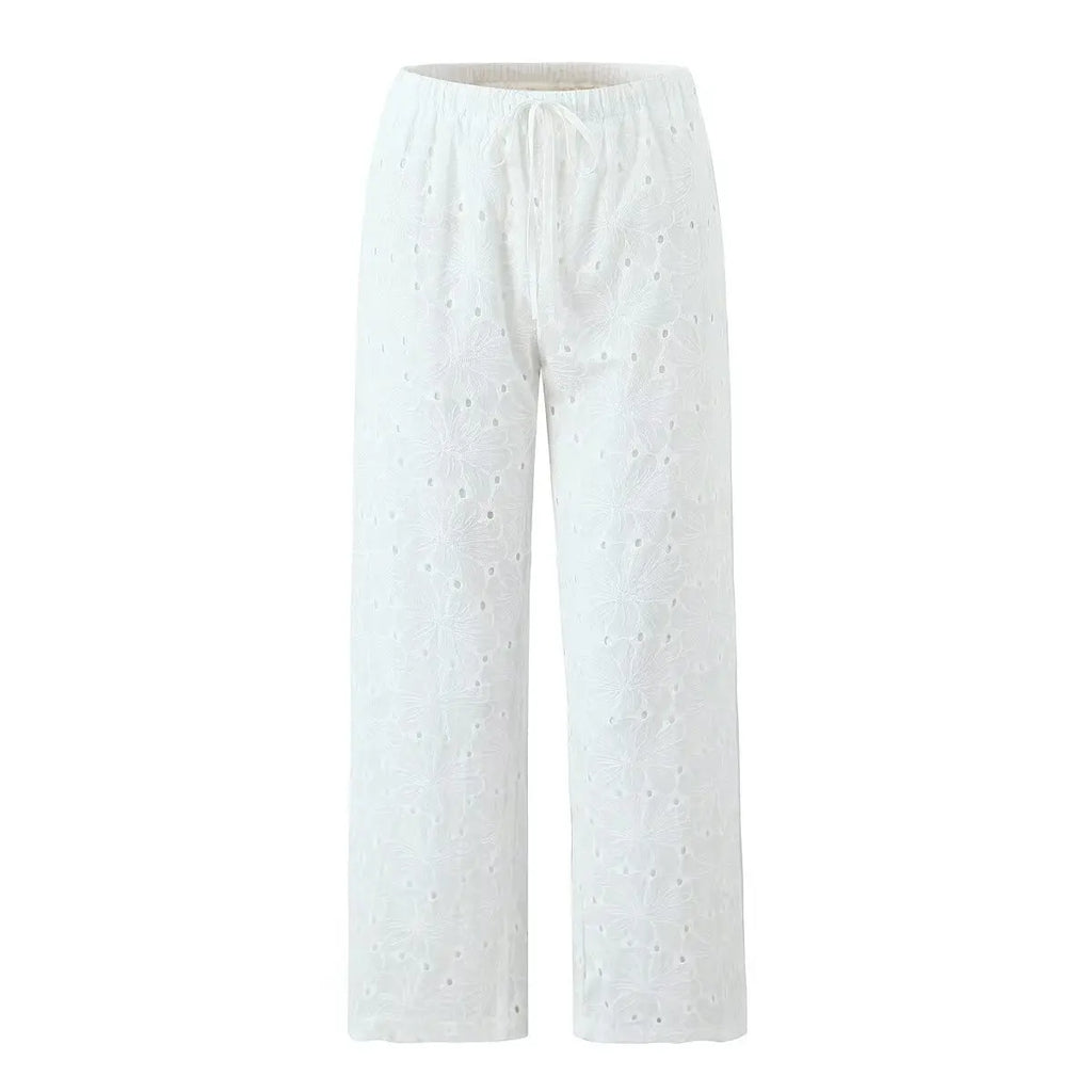 Foridol Hollow Out Cotton Women's 2 Pieces Set White Summer Pants Set Embroidery Top Pants Suit Matching Set Beach Casual Pants